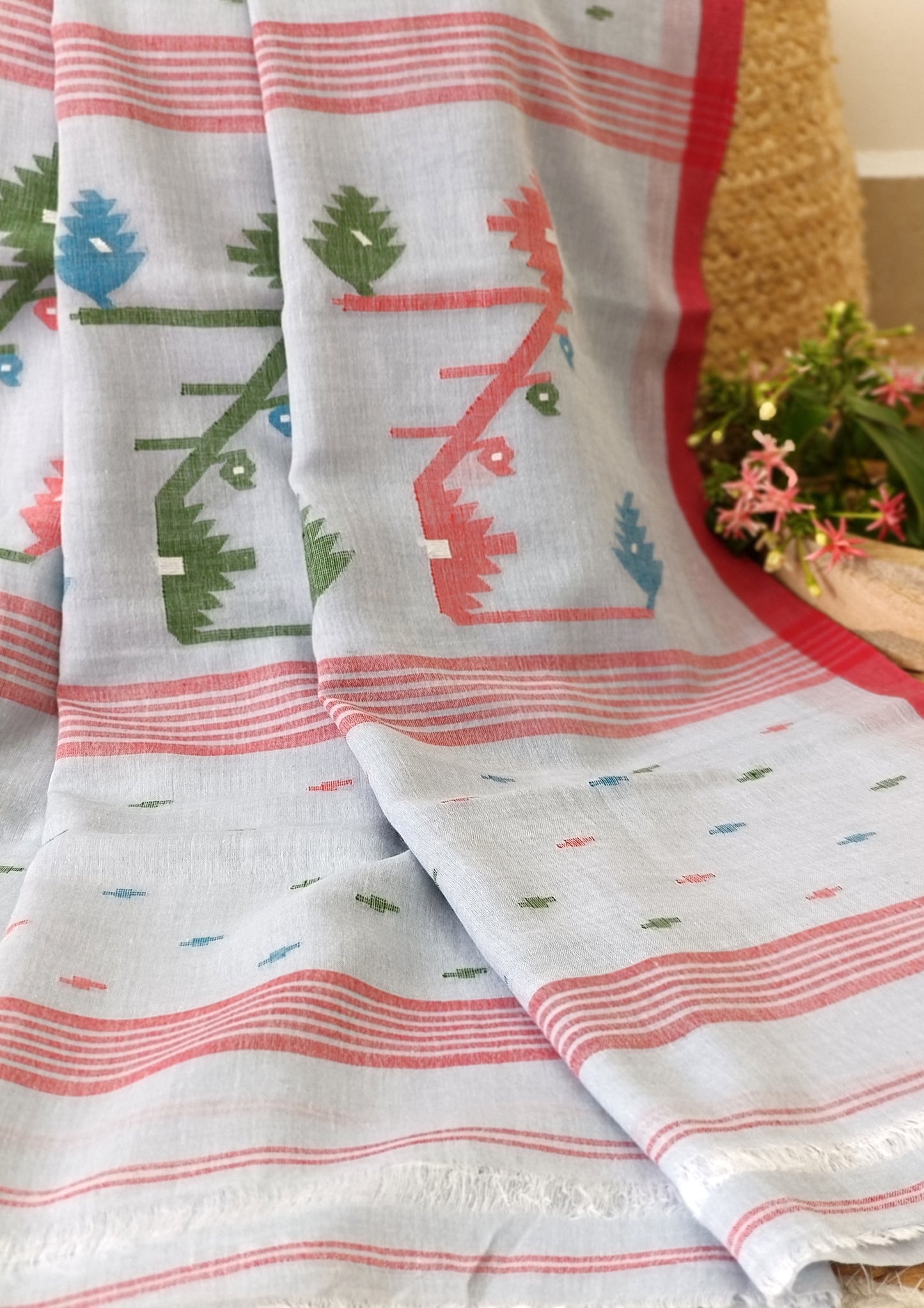 Cotton Jamdani Buti J27- Ice blue