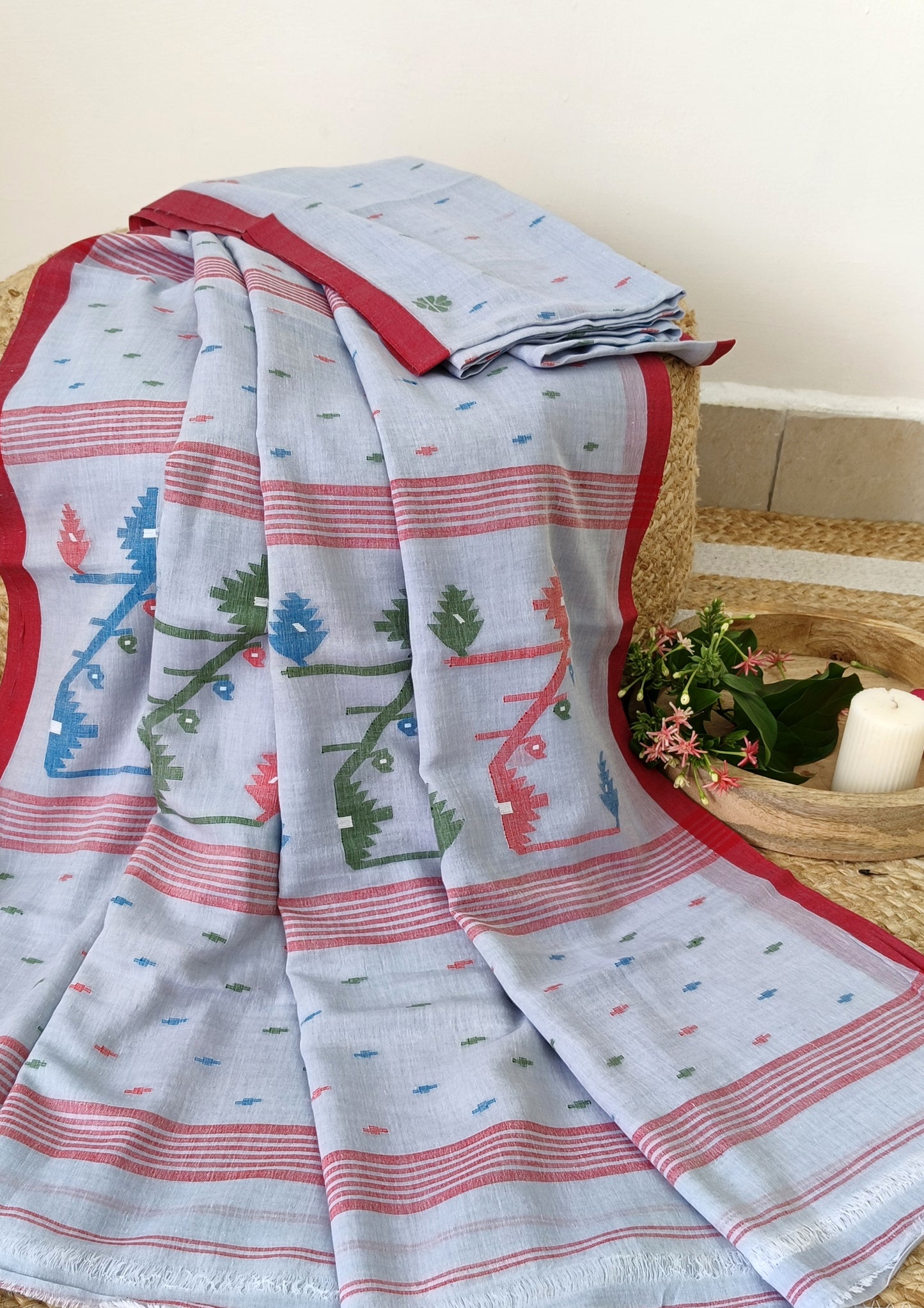 Cotton Jamdani Buti J27- Ice blue