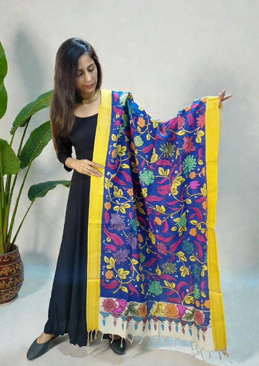 Kalamkari Handpainted Dupatta- Blue K15