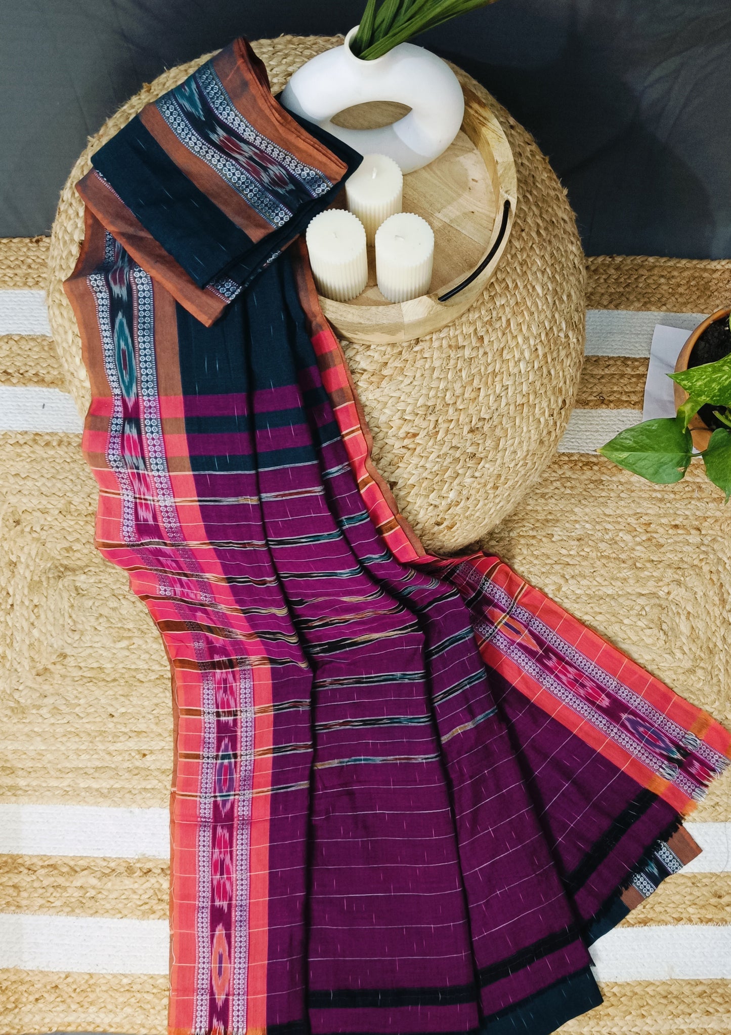 Khadi Ikat Cotton Saree- Dark Green & Magenta