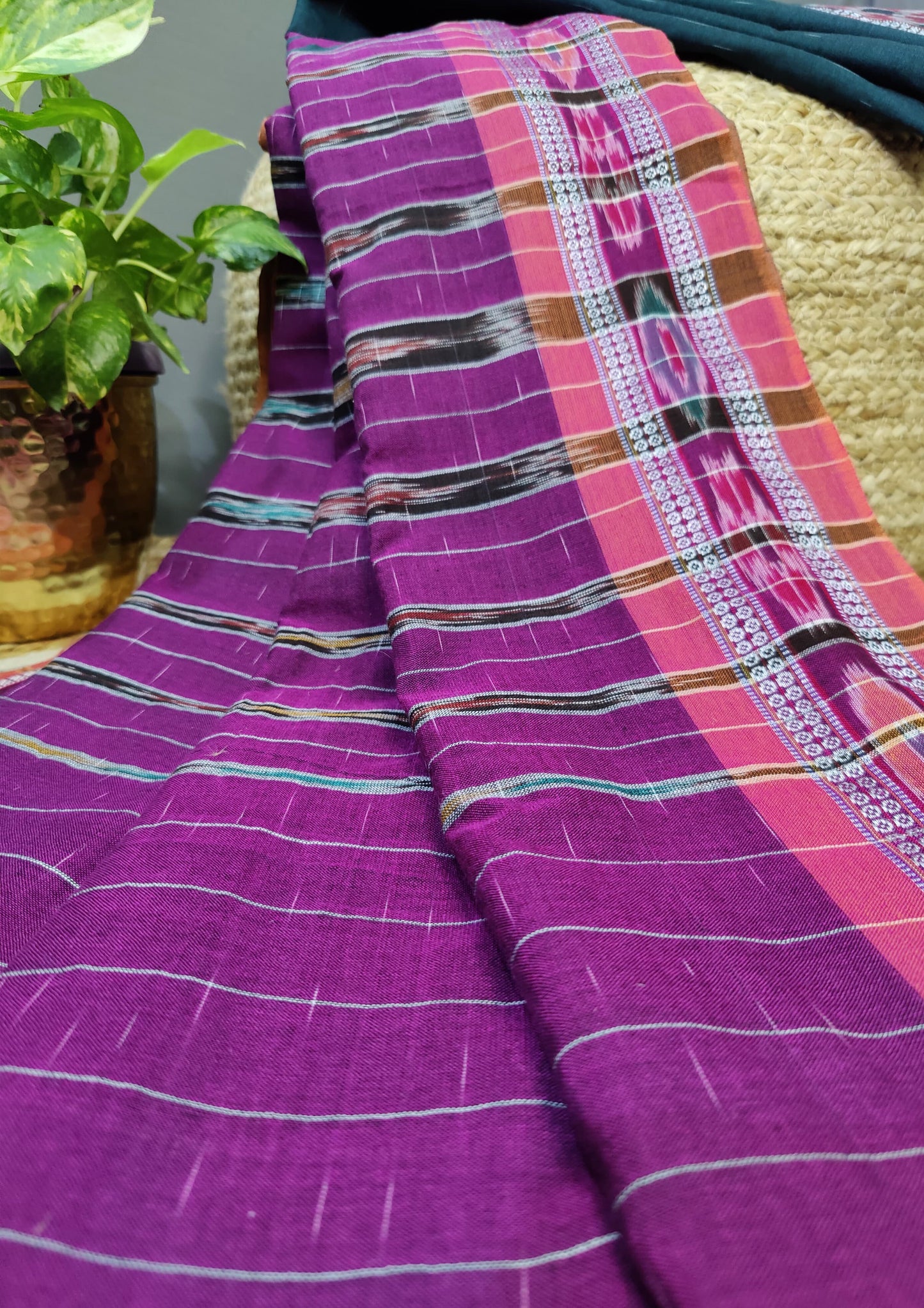 Khadi Ikat Cotton Saree- Dark Green & Magenta