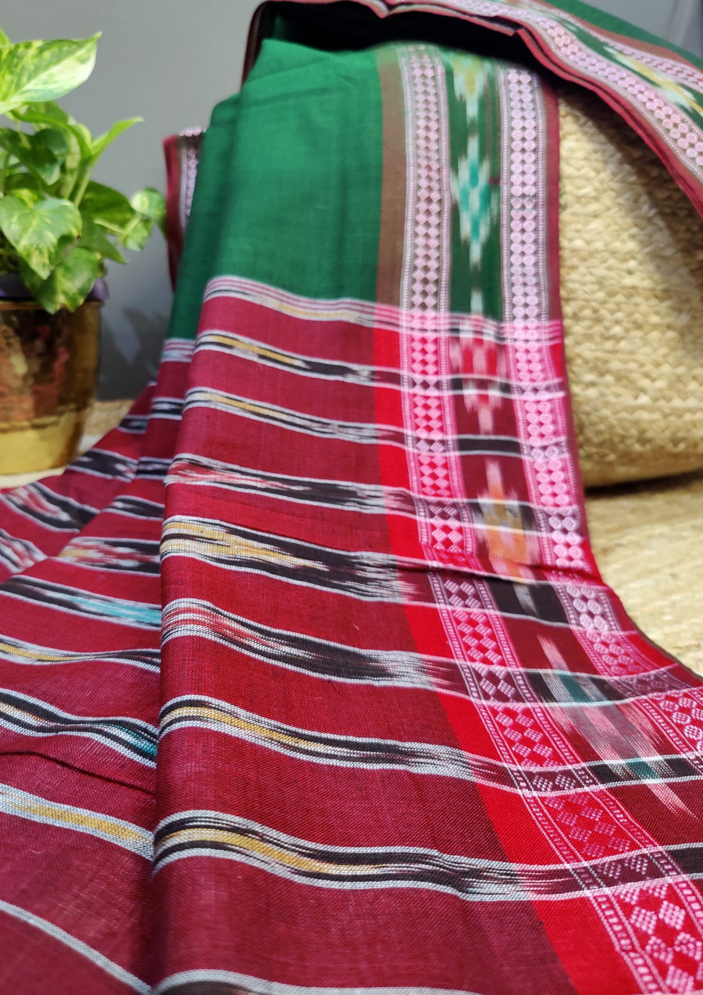 Khadi Ikat Cotton Saree- Green & Red