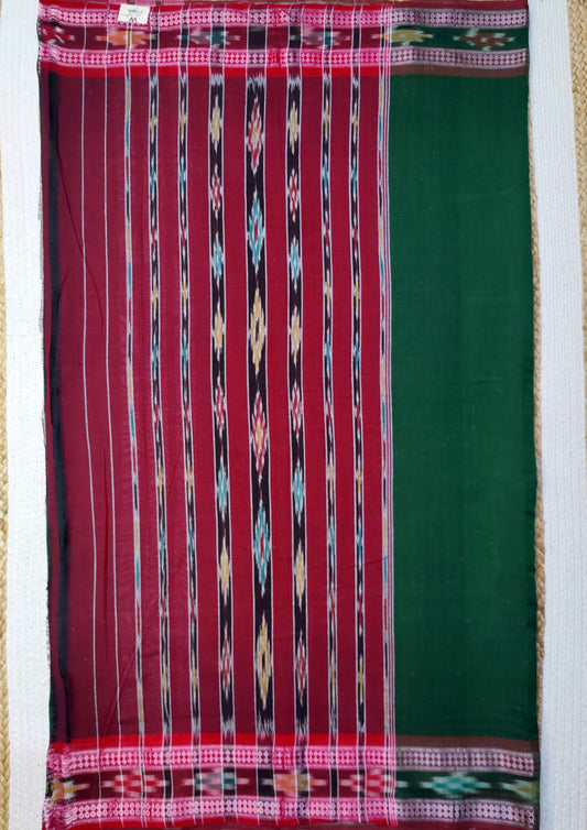 Khadi Ikat Cotton Saree- Green & Red