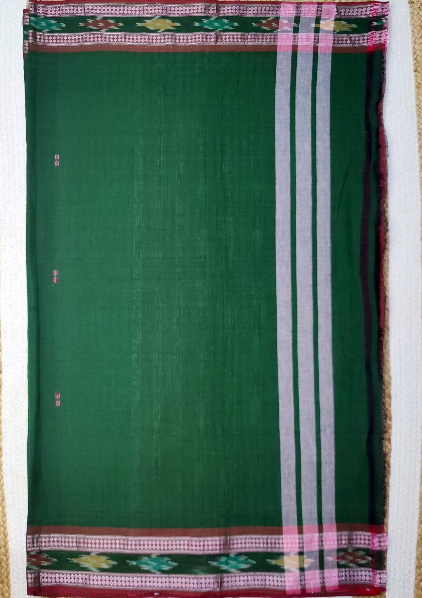 Khadi Ikat Cotton Saree- Green & Red