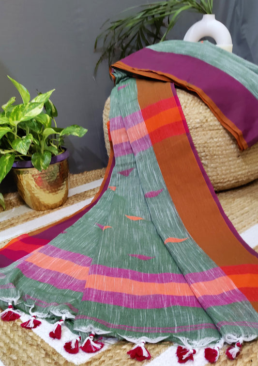 Khadi Linen Saree- Green