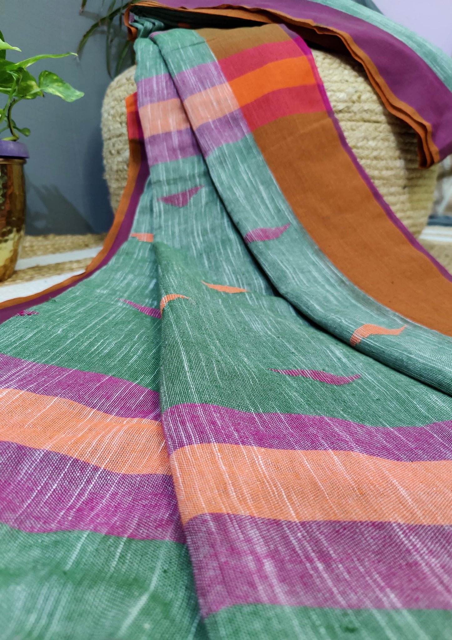 Khadi Linen Saree- Green
