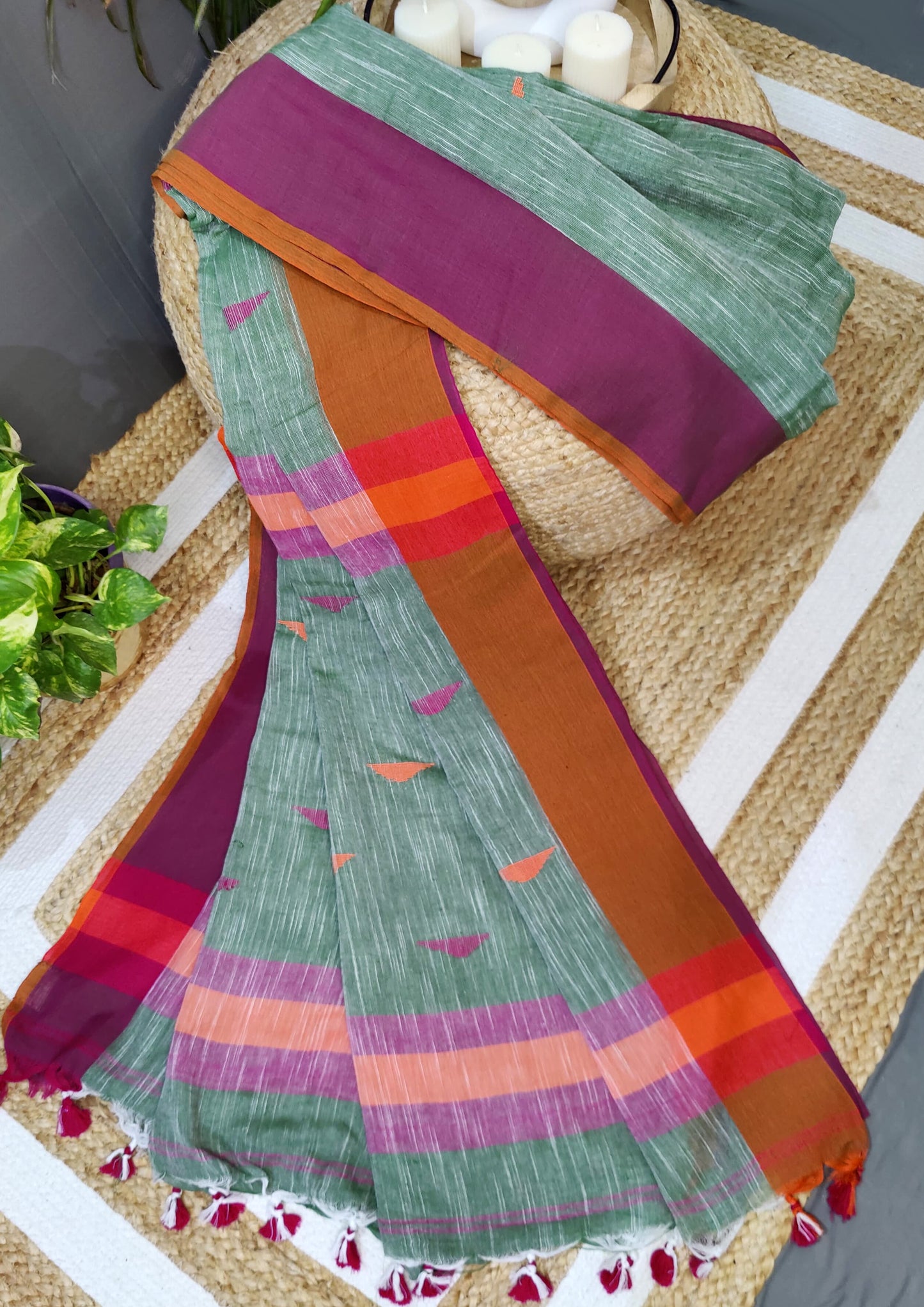 Khadi Linen Saree- Green