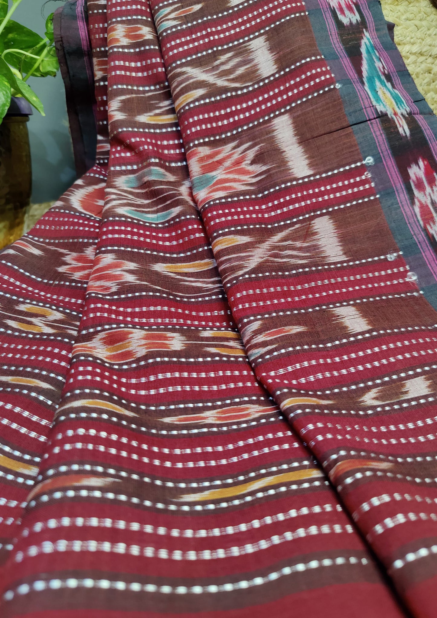 Khadi Ikat Cotton Saree- Maroon 2