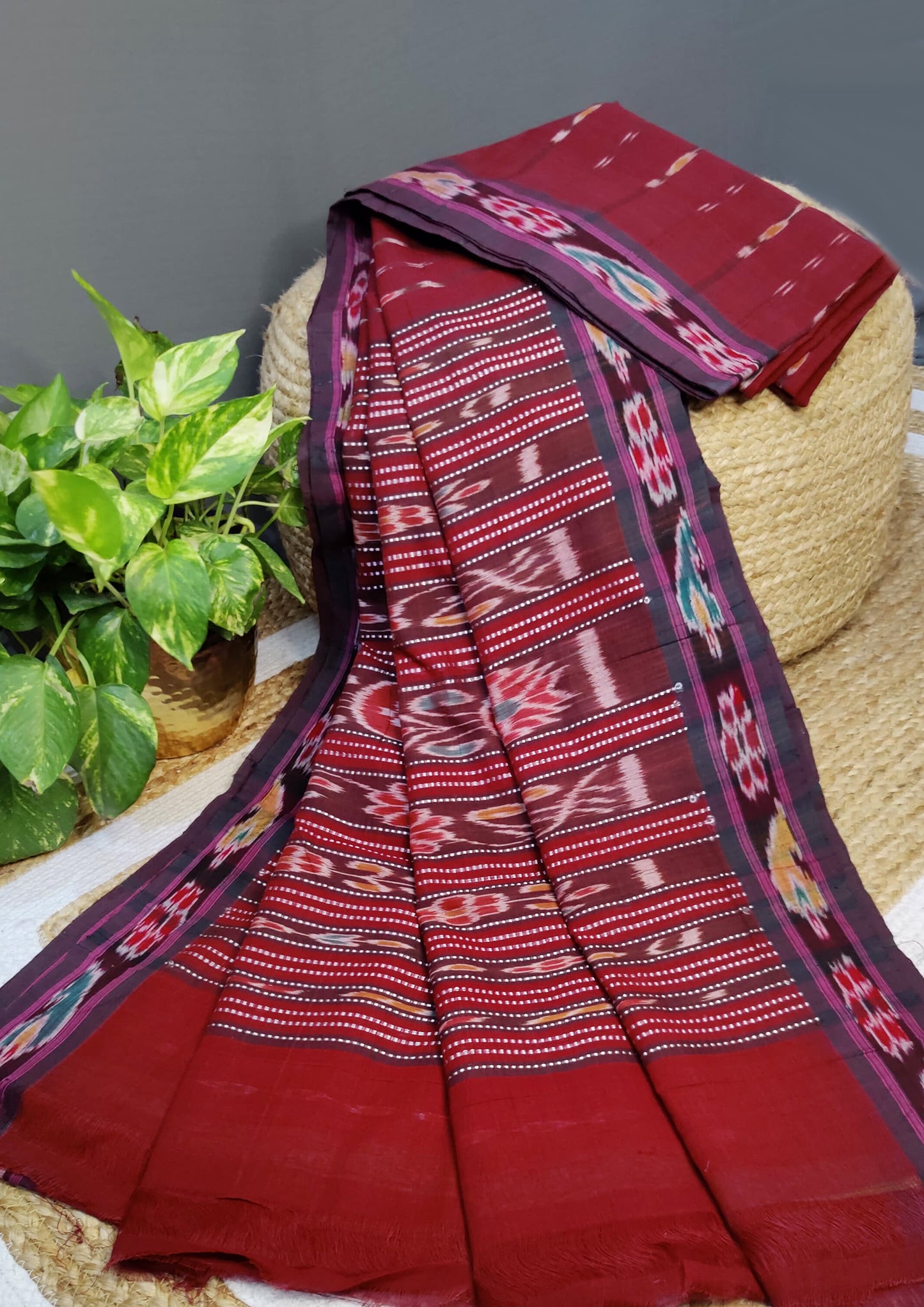 Khadi Ikat Cotton Saree- Maroon 2