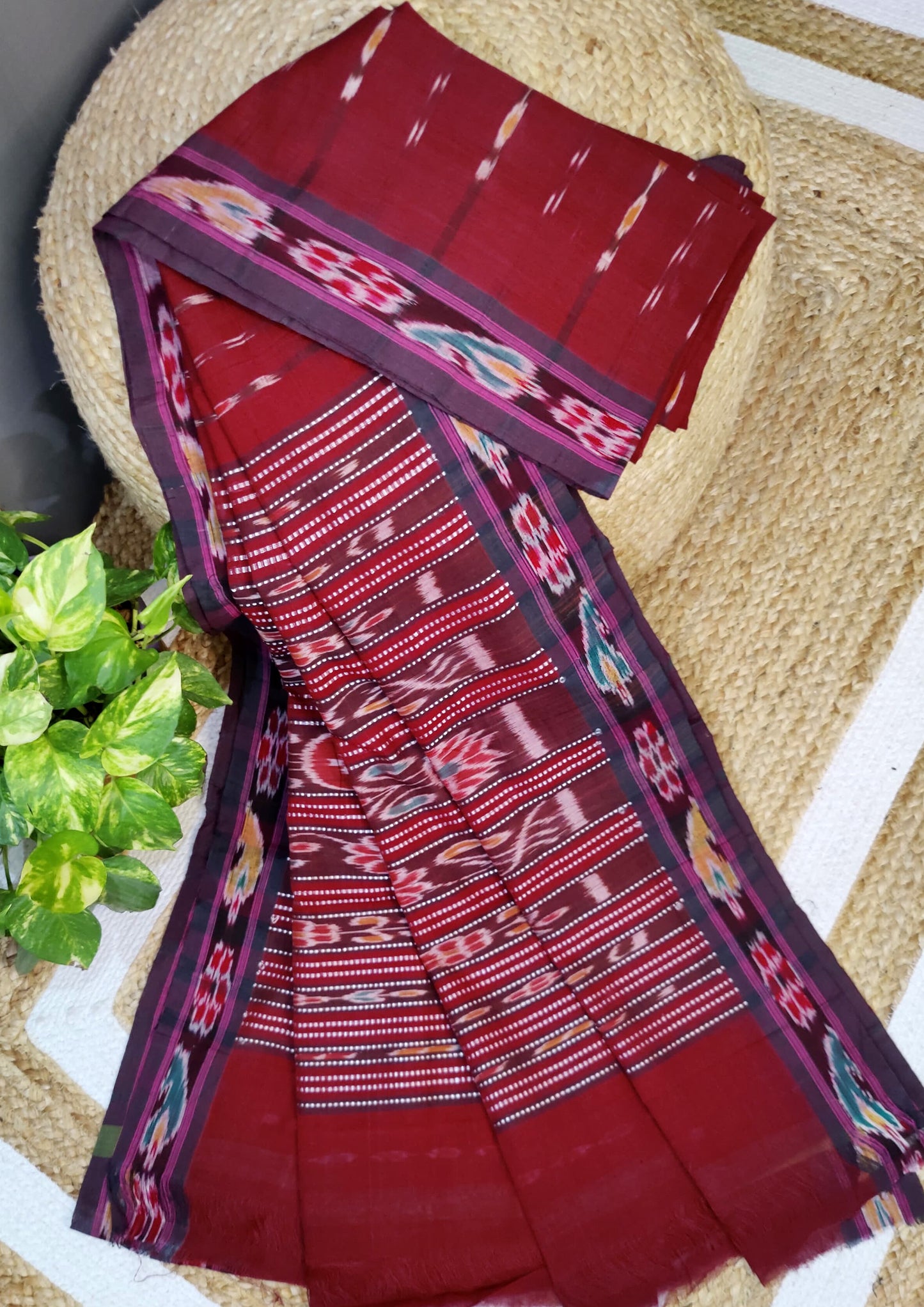 Khadi Ikat Cotton Saree- Maroon 2