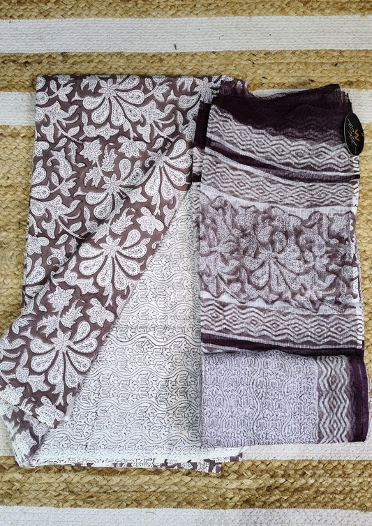 Sanganeri Cotton Kota Suit- Brown