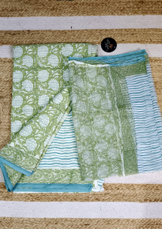 Sanganeri Cotton Kota Suit- Blue Green