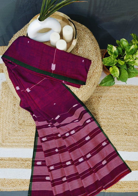 Cotton Jamdani Arrow Buti Saree- Magenta