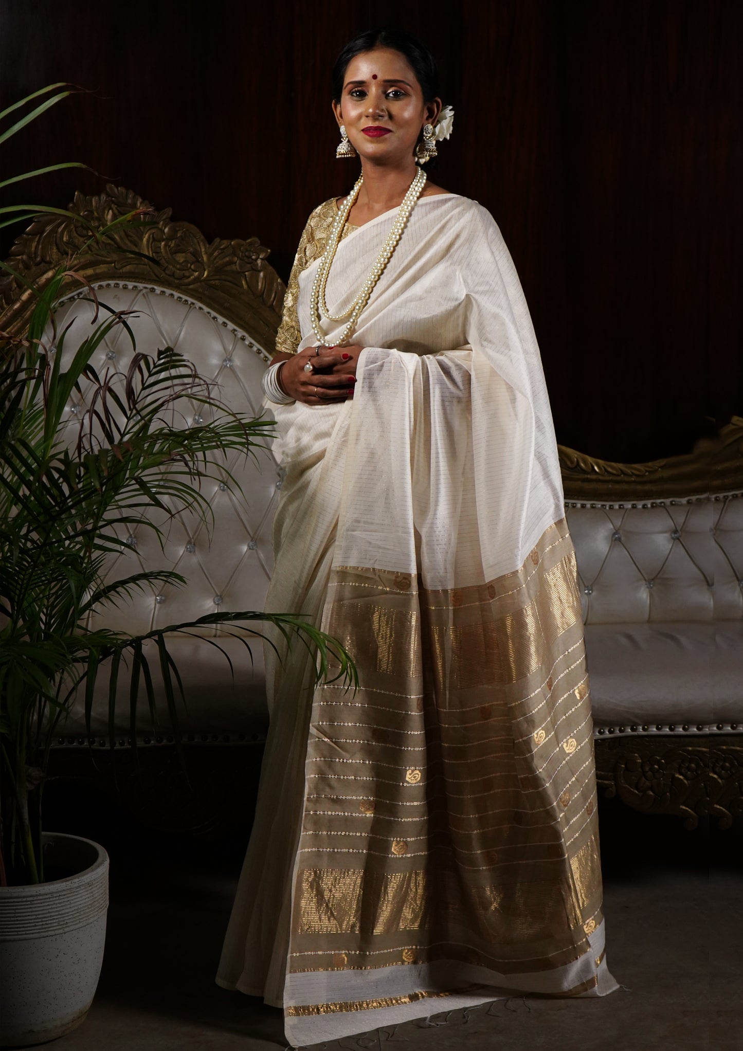 Maheshwari Saree- M1 White Beige