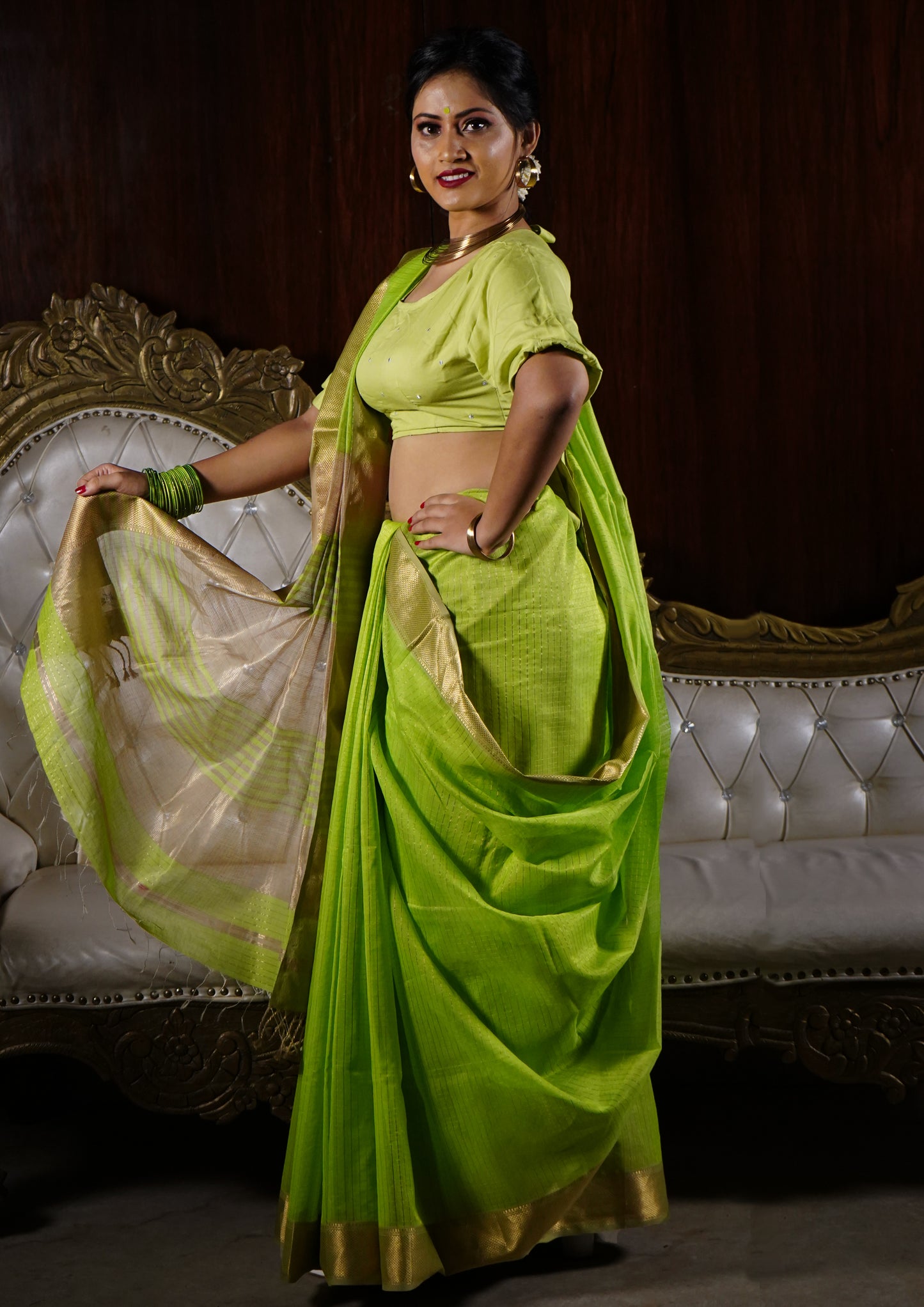 Maheshwari Saree- M2 Lime Green