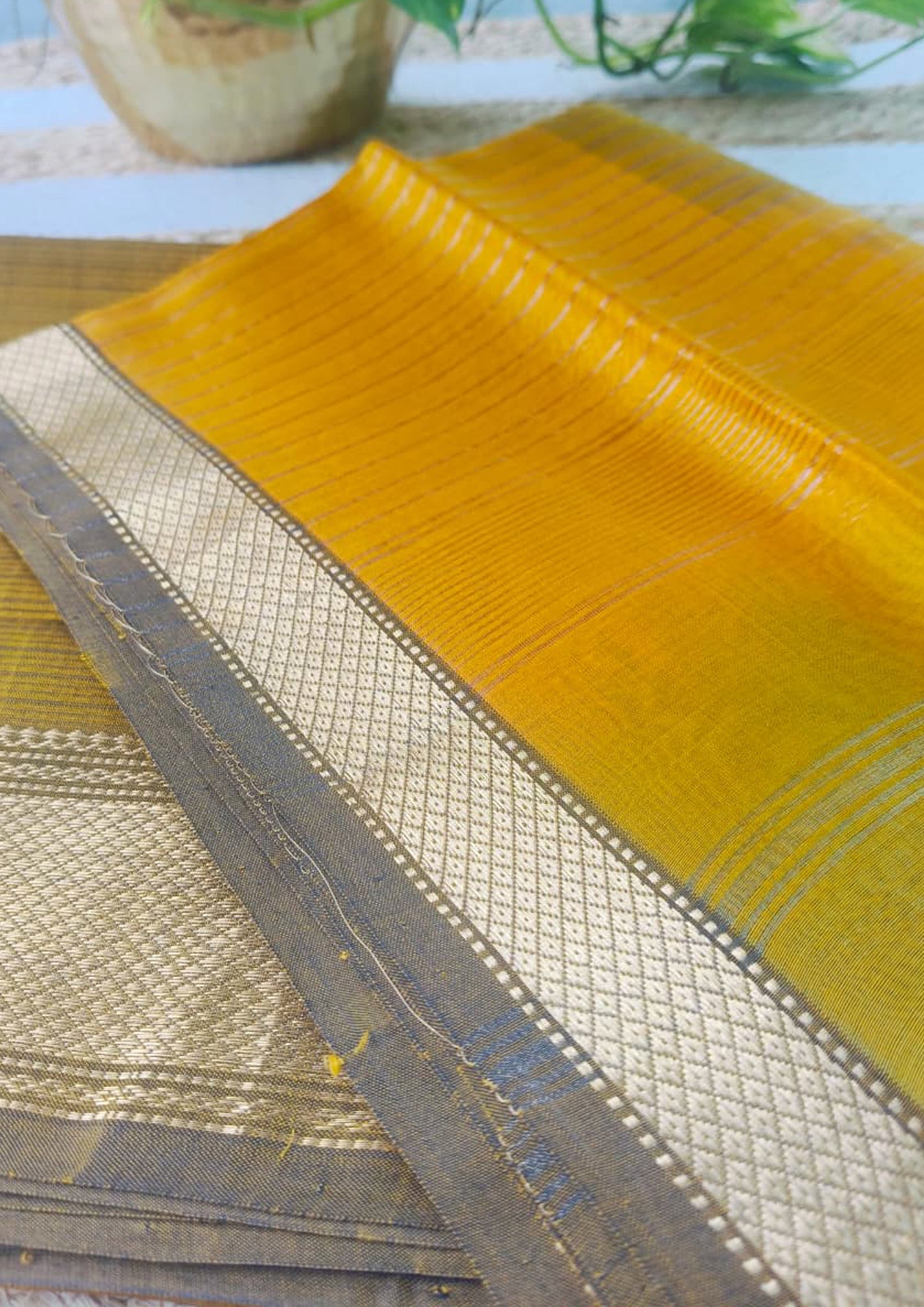 Maheshwari Silk Suit Set- Mustard Yellow M16