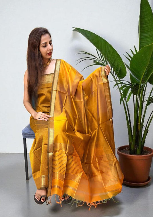 Maheshwari Silk Suit Set- Mustard Yellow M16