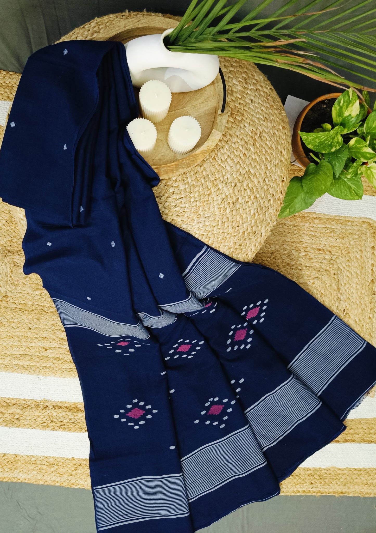 Cotton Jamdani Ruiton Buti Saree- Navy blue