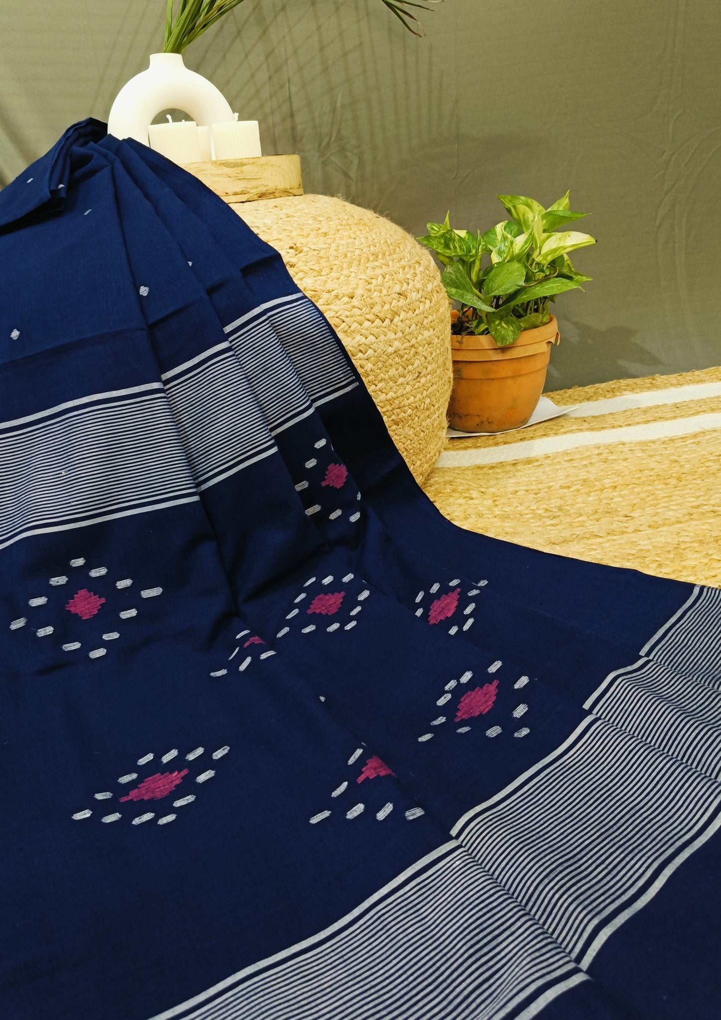 Cotton Jamdani Ruiton Buti Saree- Navy blue