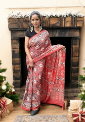 Ajrakh Handblock Printed Cotton Mulmul Saree- Mco2 Red