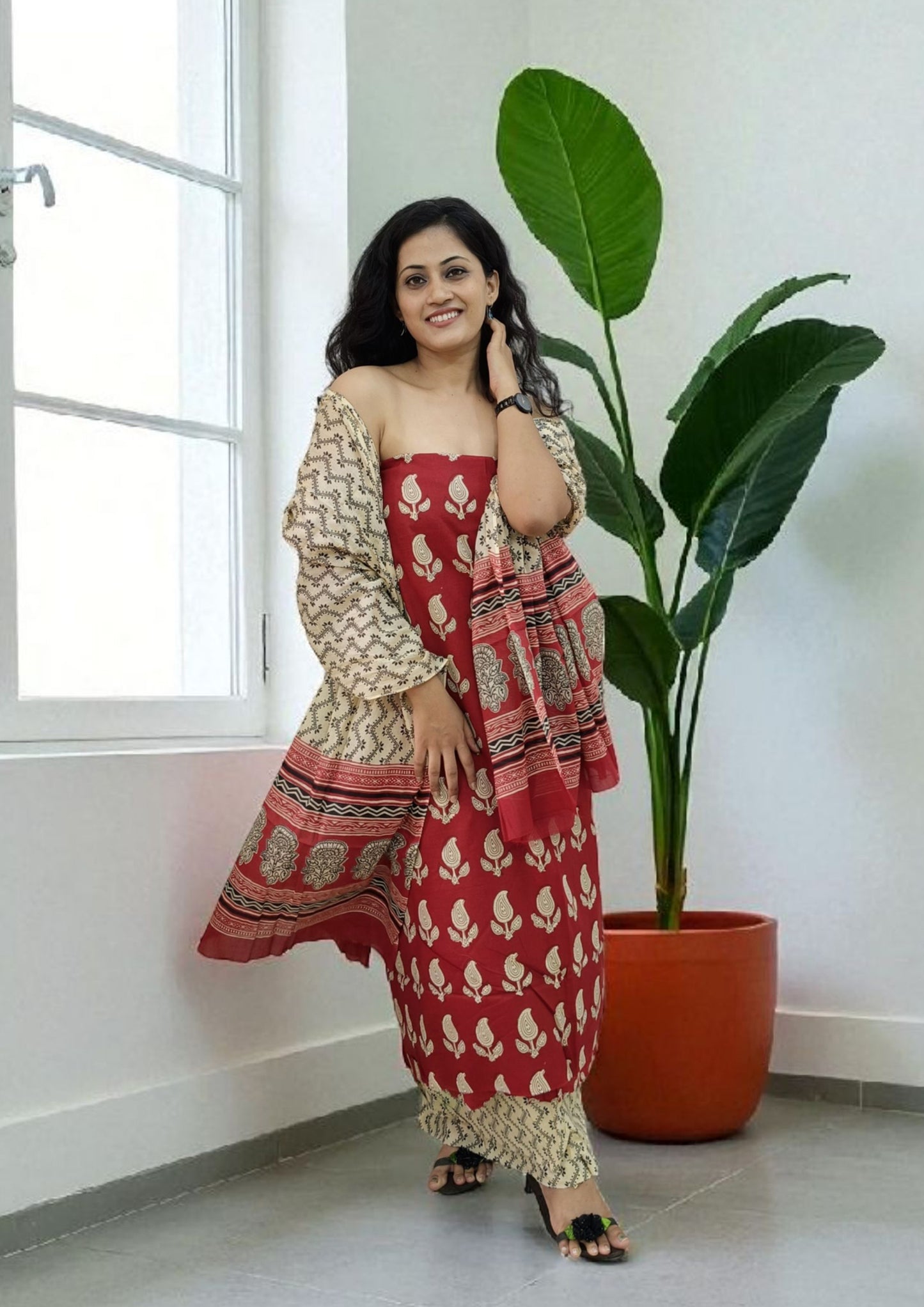 Bagru Handblock Print Suit B7- Red3