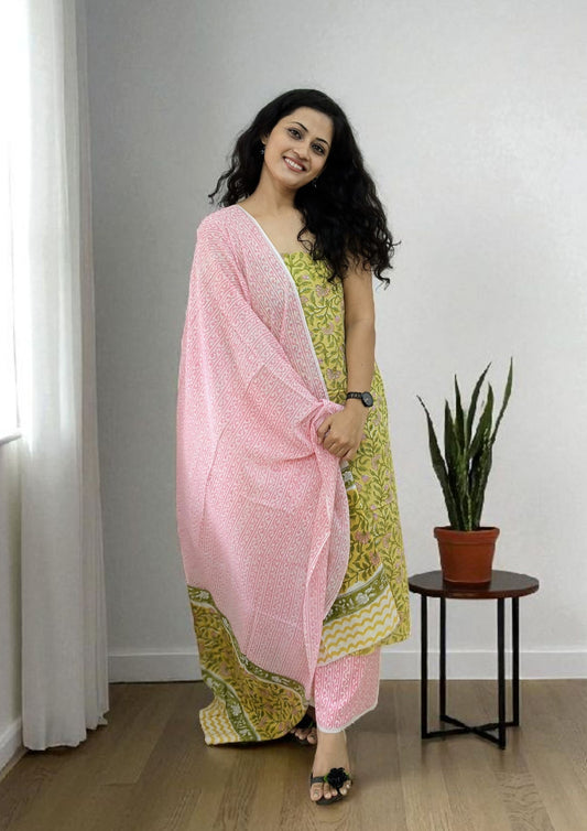 Bagru Handblock Print Suit B8- Lime Yellow