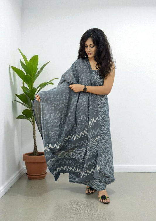 Dabu Handblock Print Suit D3- Grey1