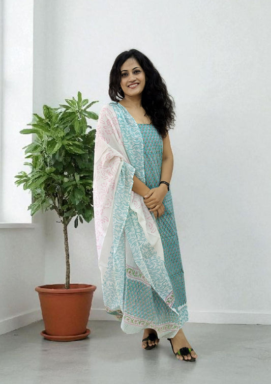 Bagru Handblock Print Suit B4- Light Blue1
