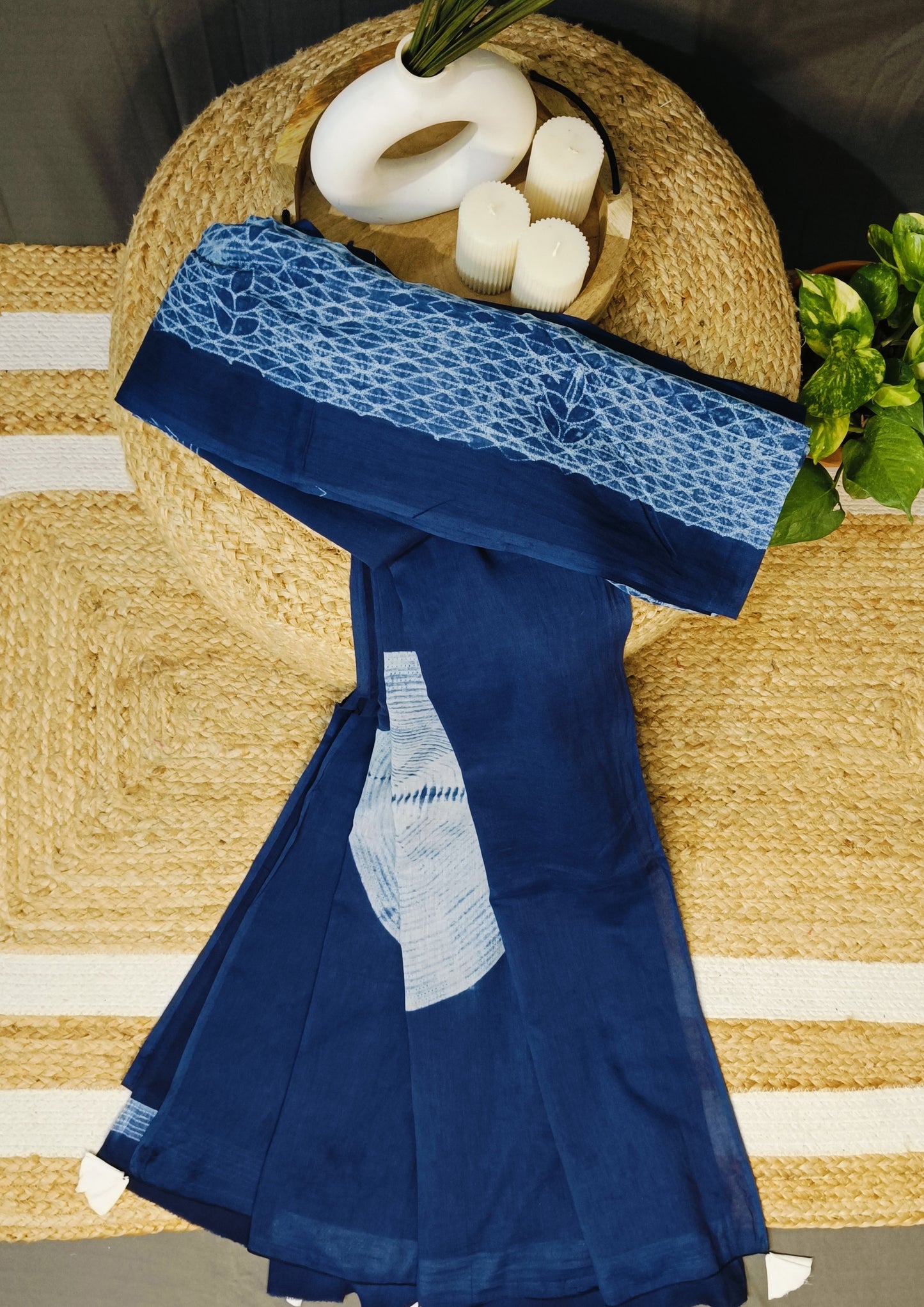 Shibori Cotton Mulmul Saree- Indigo 1