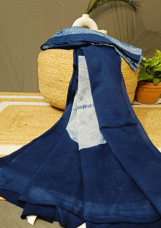 Shibori Cotton Mulmul Saree- Indigo 1