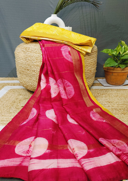 Shibori Maheshwari Saree S6- Yellow /Pink