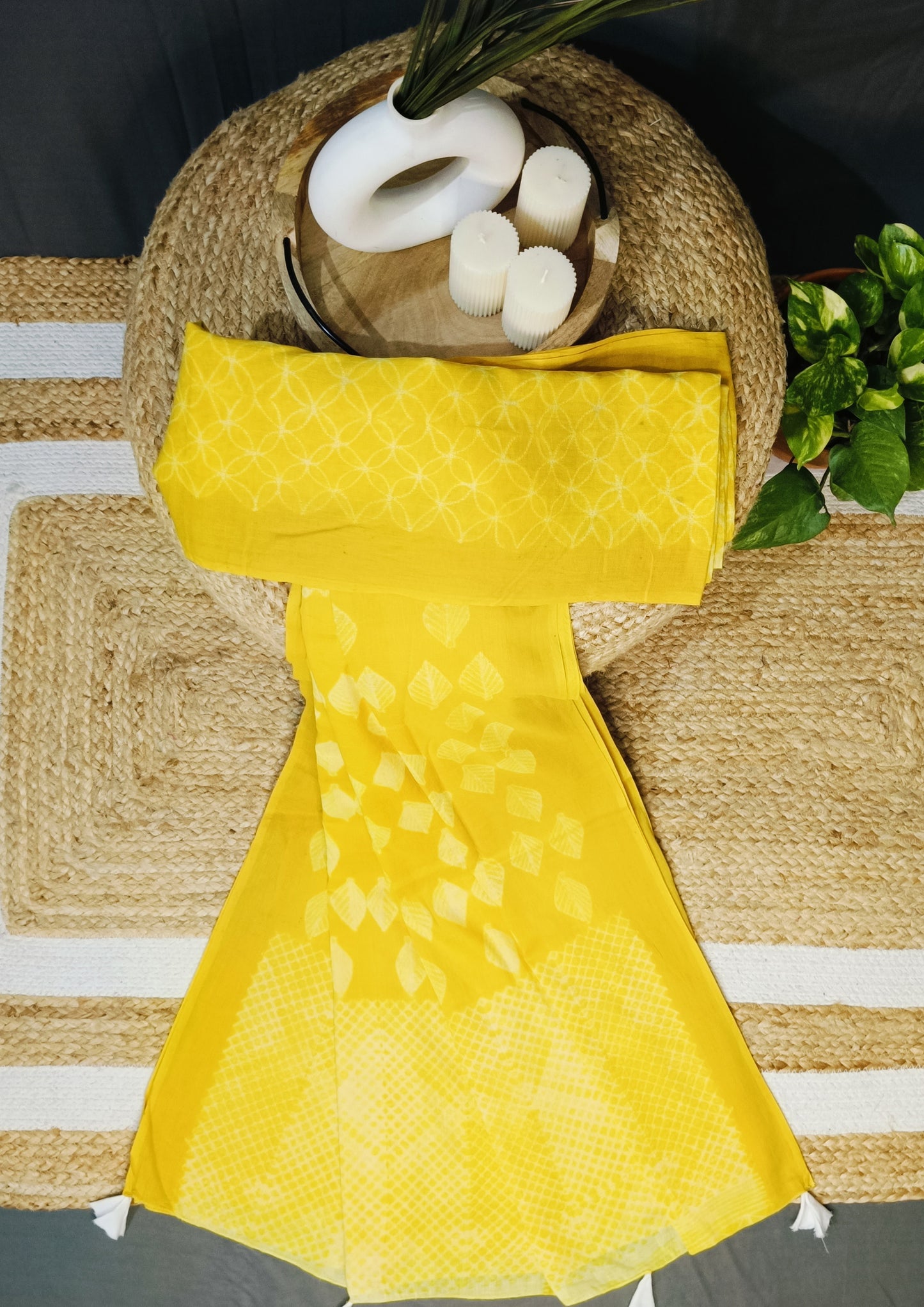 Shibori Cotton Mulmul Saree- Yellow