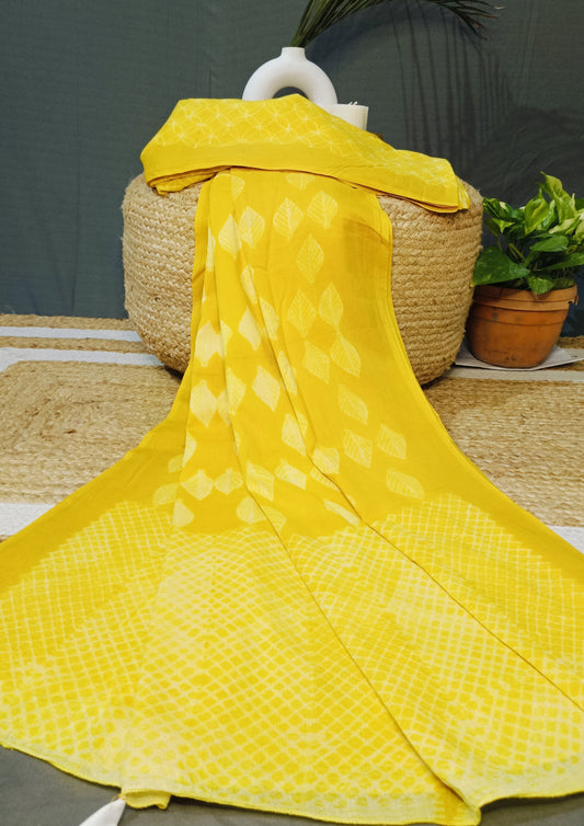 Shibori Cotton Mulmul Saree- Yellow