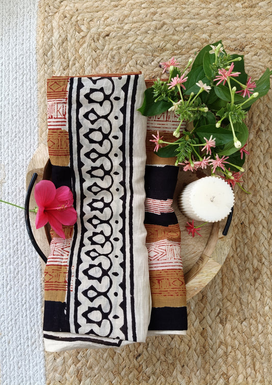 Handblock Printed Cotton Bagru Sarong- 06 Mustard stripe