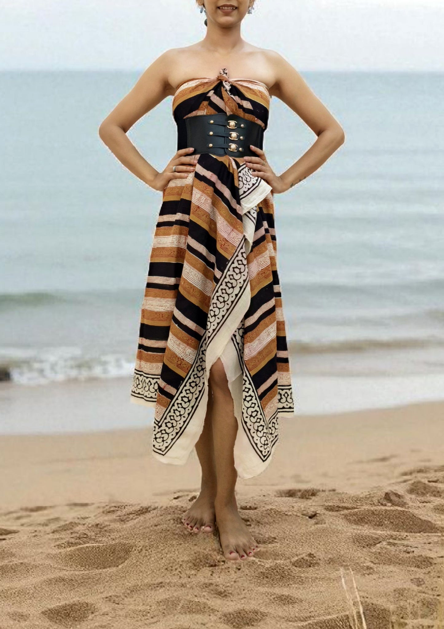 Handblock Printed Cotton Bagru Sarong- 06 Mustard stripe