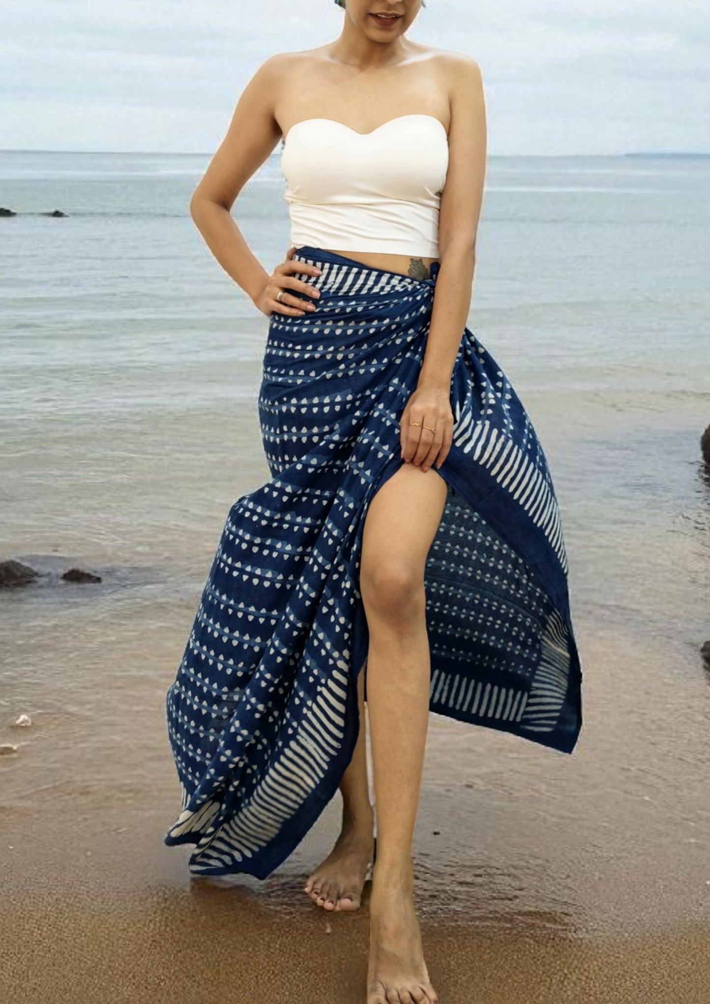 Handblock Printed Dabu (mud resist) Cotton Sarong- 07 Indigo