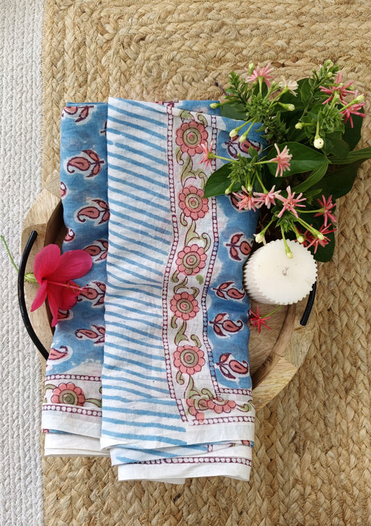 Handblock Printed Cotton Bagru Sarong- 05 Firozi