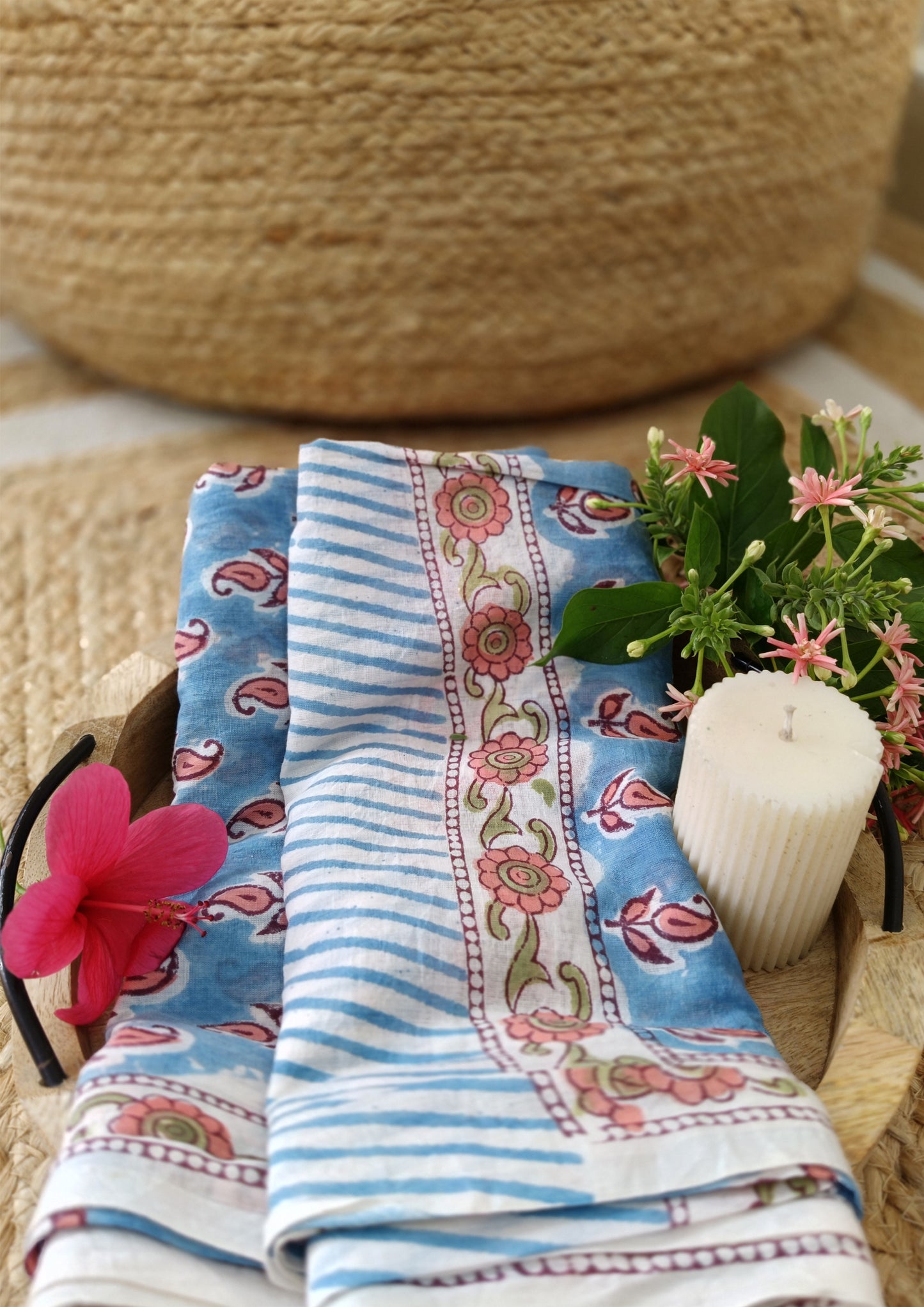 Handblock Printed Cotton Bagru Sarong- 05 Firozi