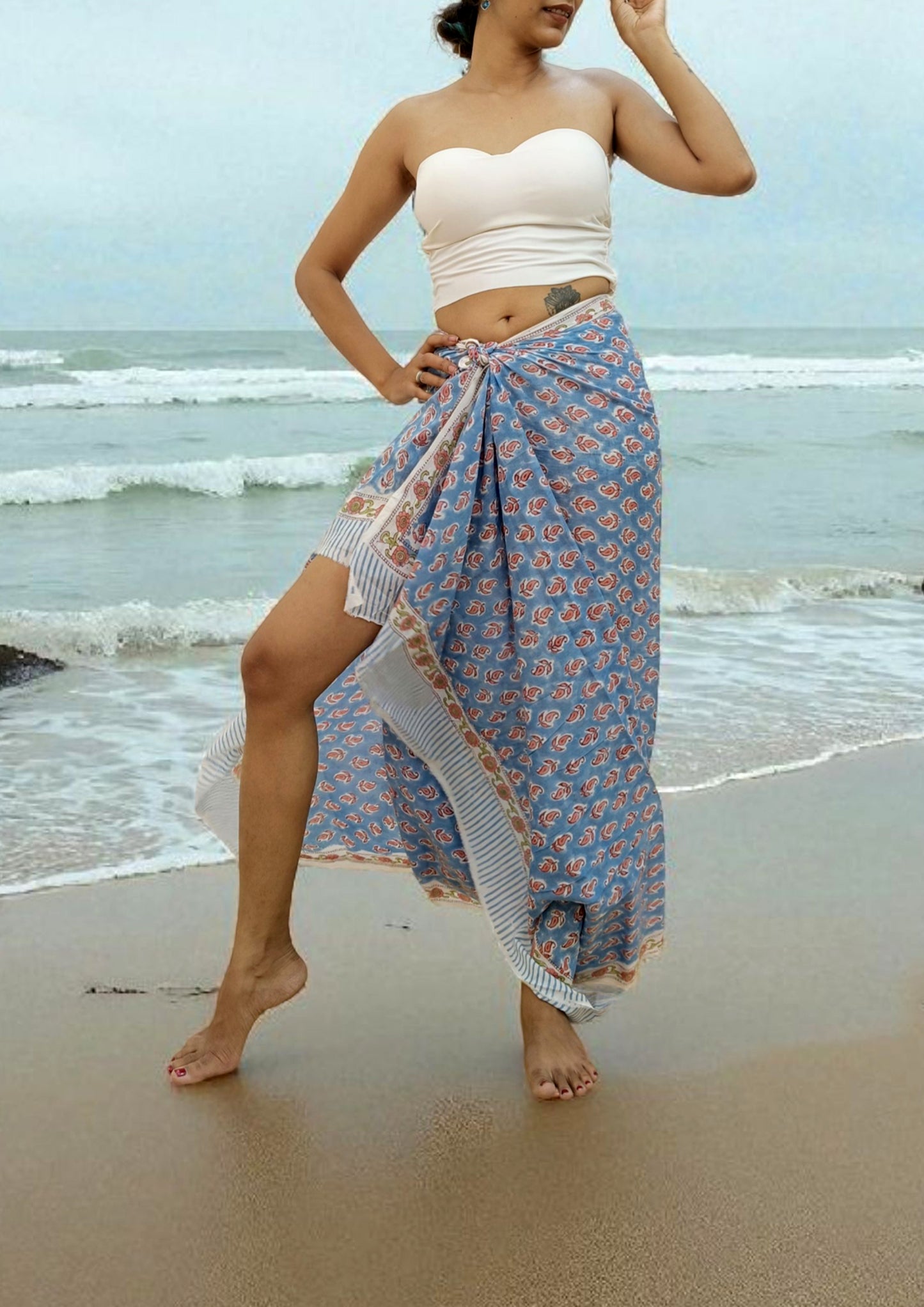 Handblock Printed Cotton Bagru Sarong- 05 Firozi
