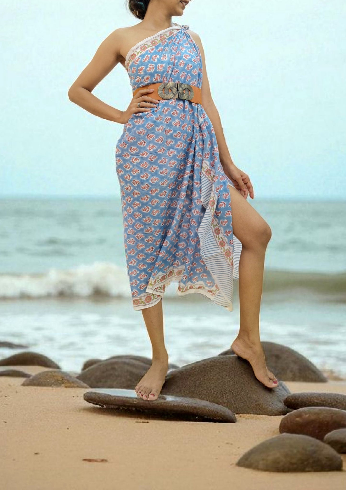 Handblock Printed Cotton Bagru Sarong- 05 Firozi