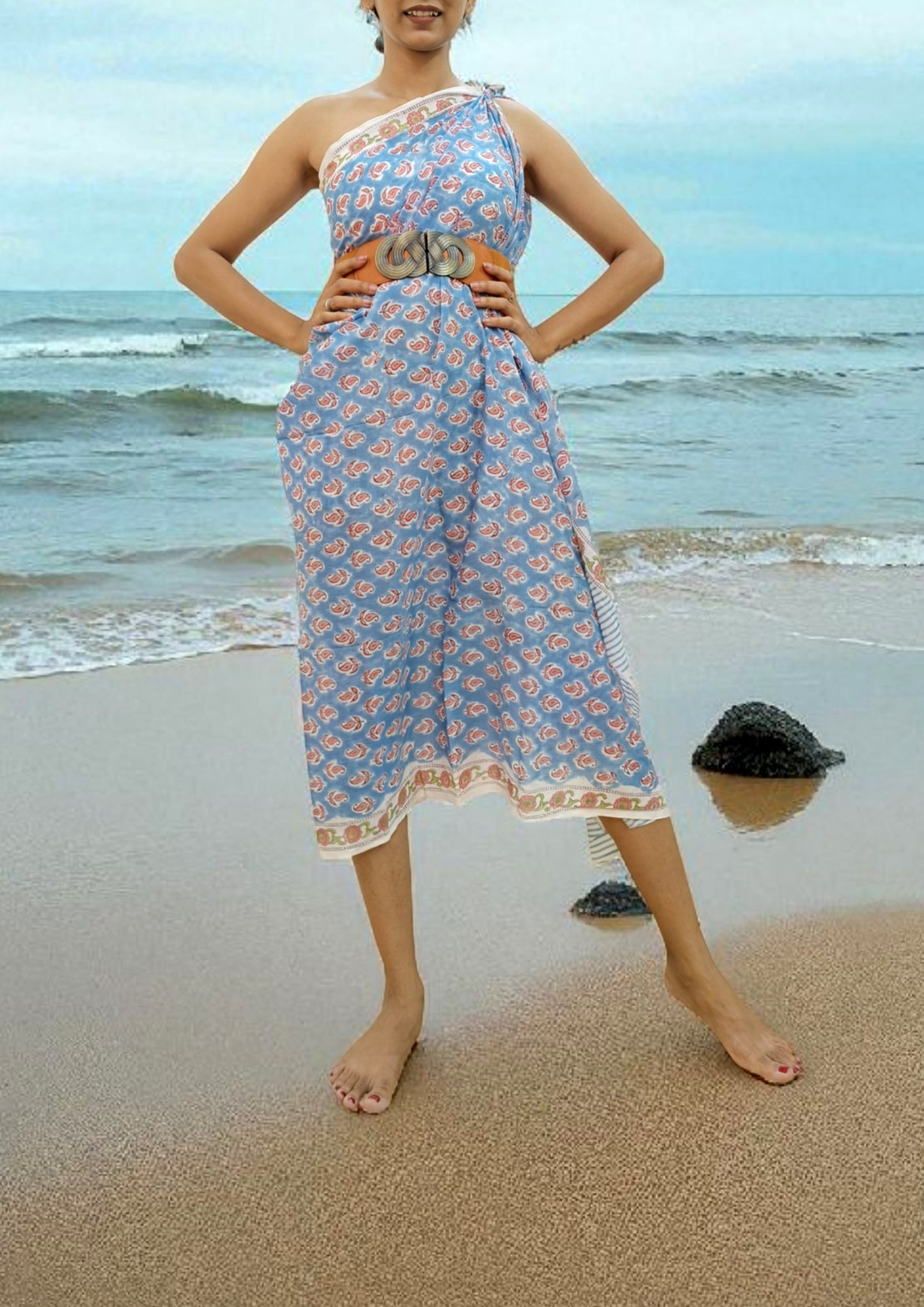 Handblock Printed Cotton Bagru Sarong- 05 Firozi