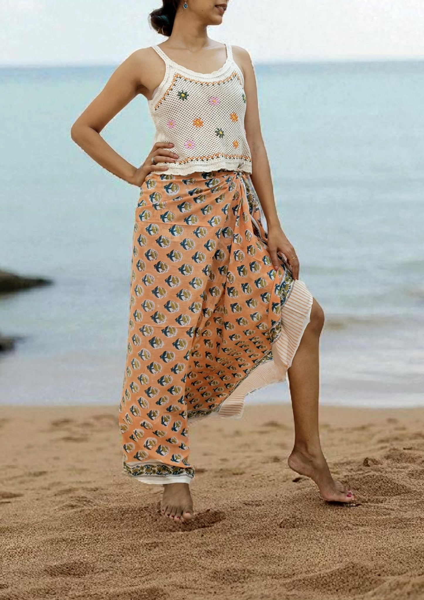 Handblock Printed Cotton Bagru Sarong - 07 Peach