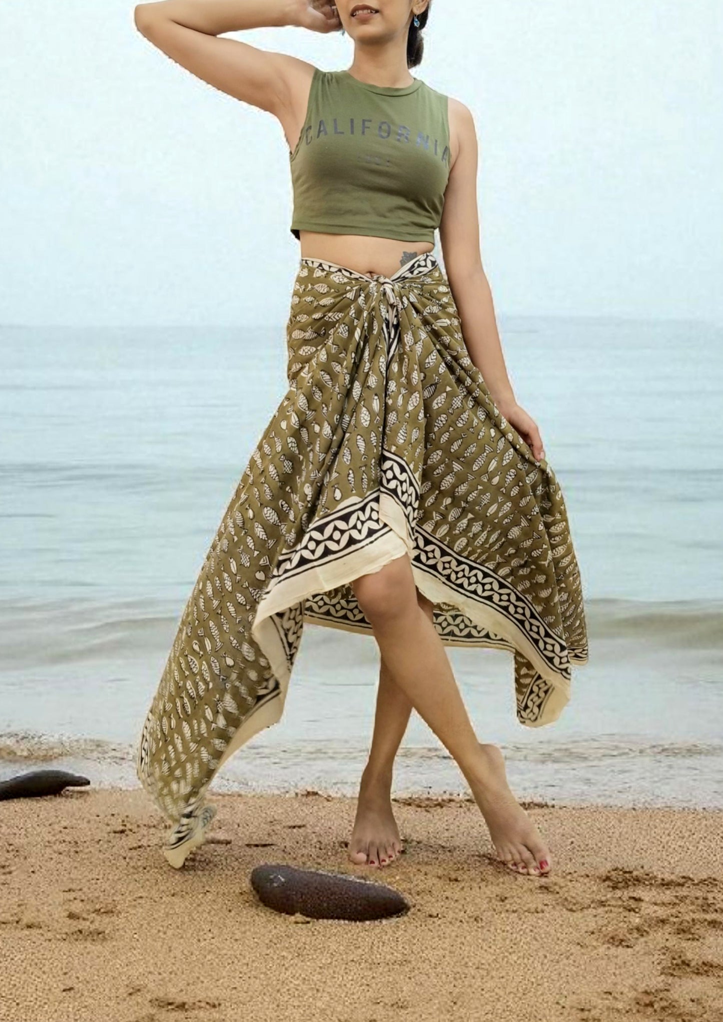 Handblock Printed Cotton Bagru Sarong- 04 Brown