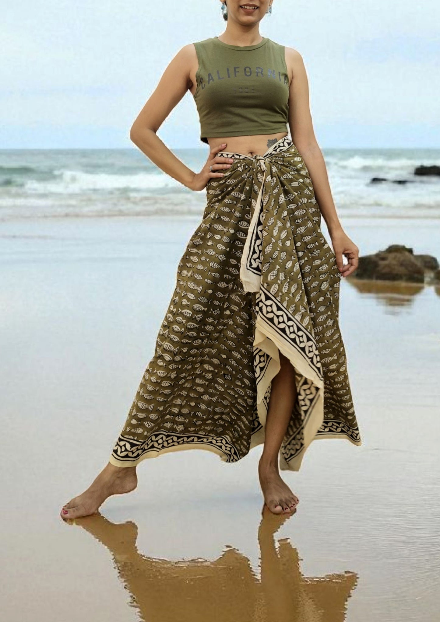 Handblock Printed Cotton Bagru Sarong- 04 Brown