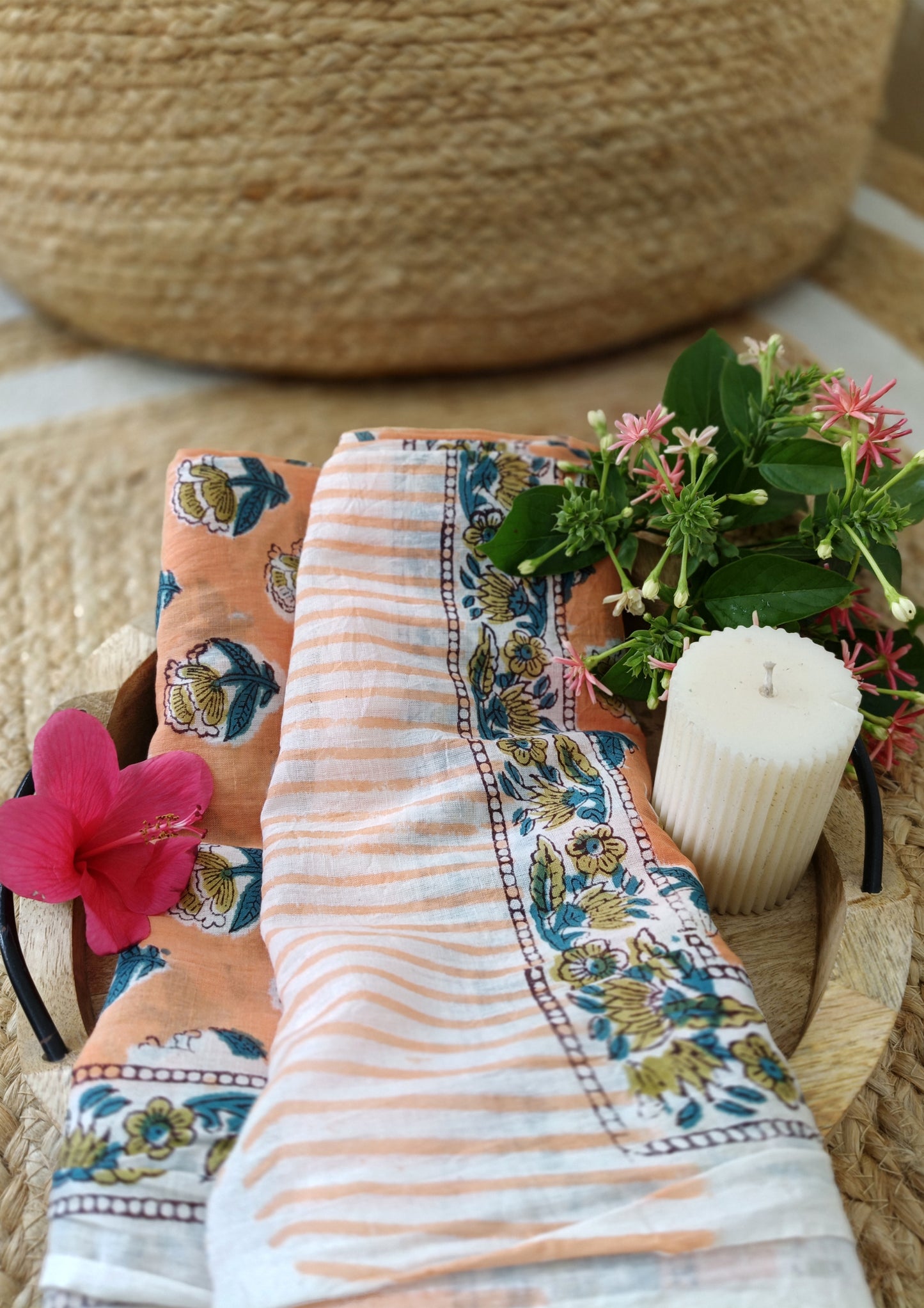 Handblock Printed Cotton Bagru Sarong - 07 Peach
