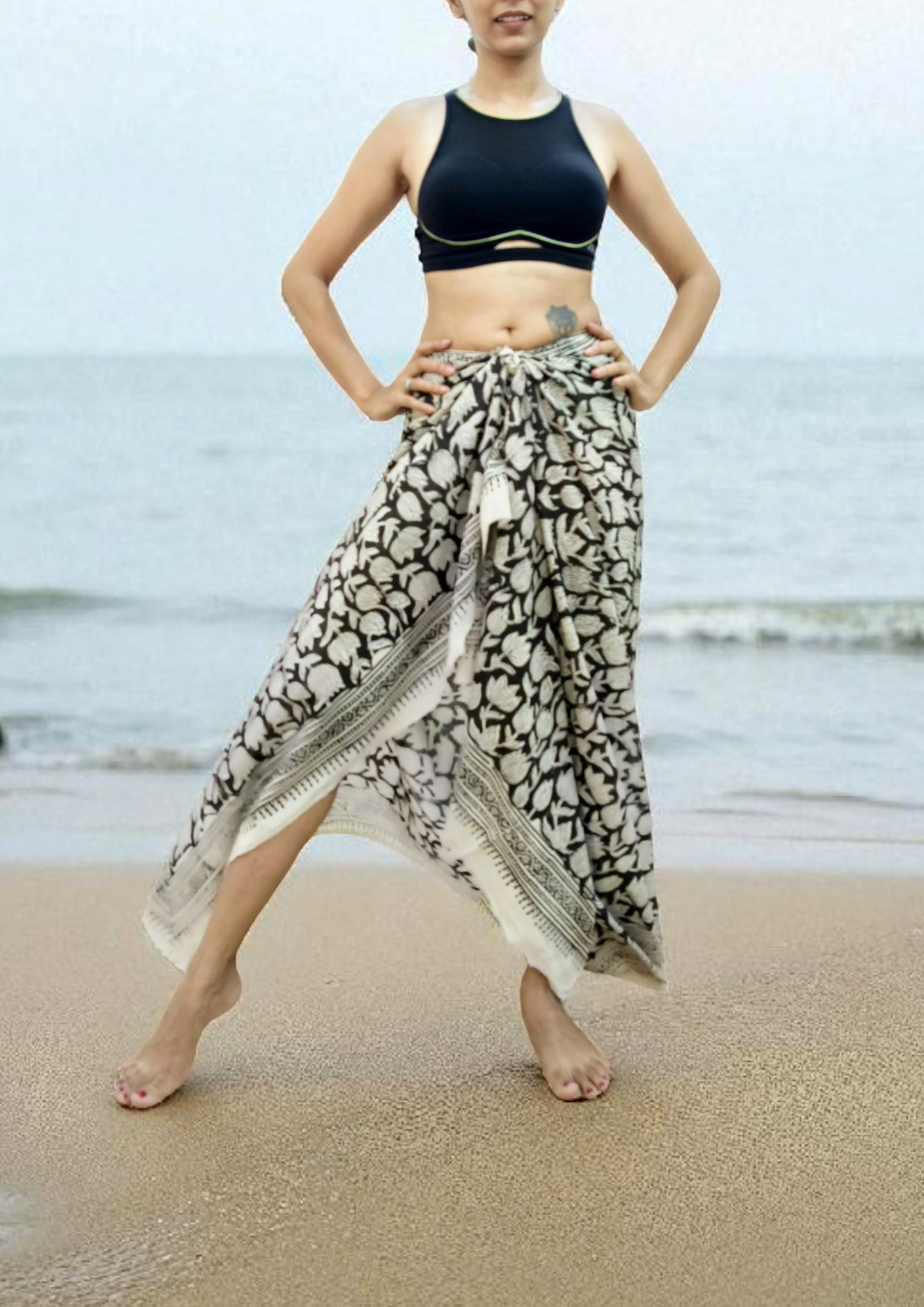 Handblock printed Cotton Bagru Sarong- 01 Black