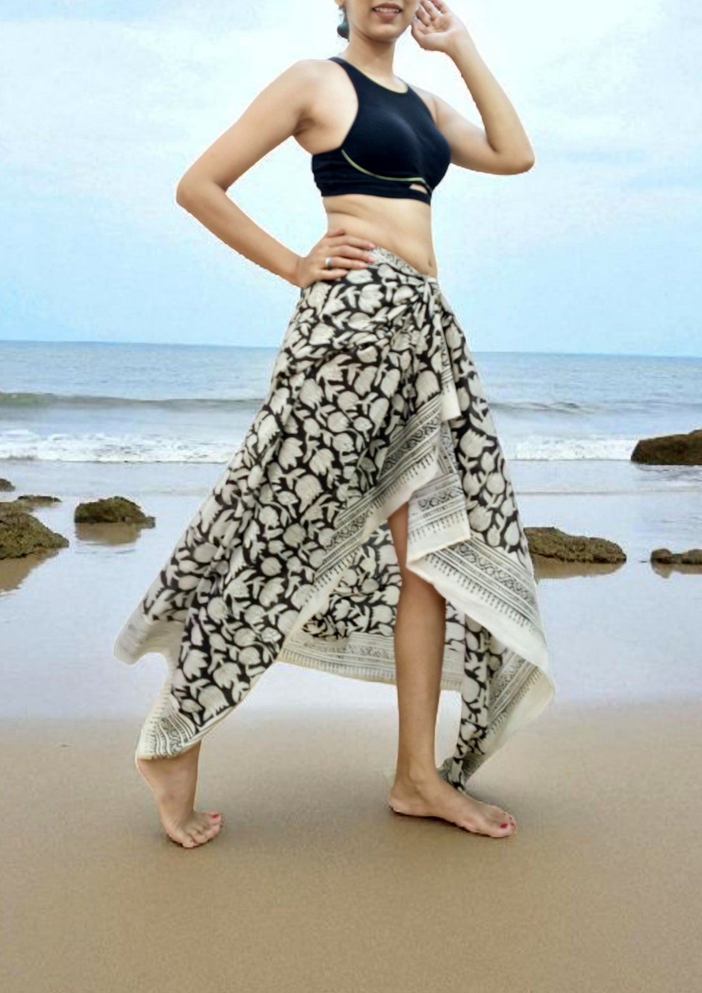 Handblock printed Cotton Bagru Sarong- 01 Black