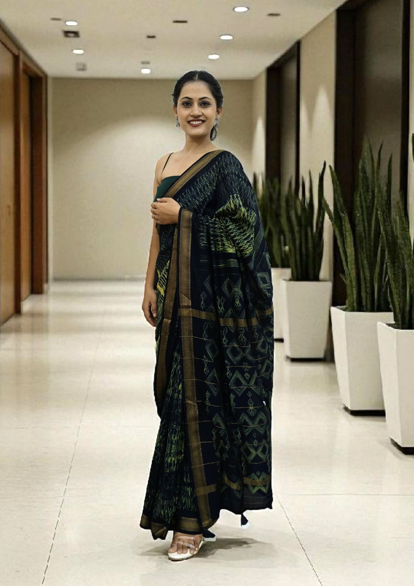 Shibori Maheshwari Saree S9- Black/ Green