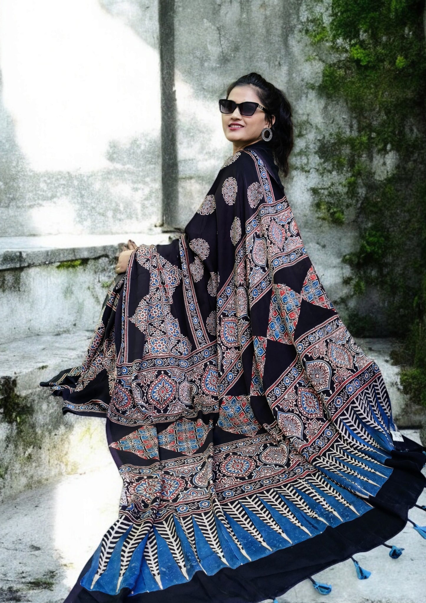 Ajrakh Handblock Printed Modal Saree- M11