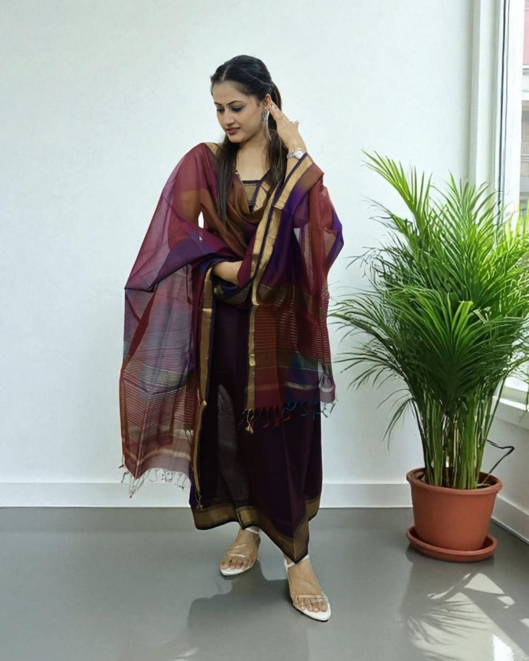 Maheshwari Silk Suit Set- Jamuni (dhup-chav)